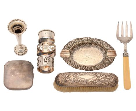 Miscellaneous Victorian and later silver articles, comprising a bone hafted fish serving fork, vase, cigarette case, two napk