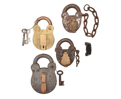 Four substantial brass or brass mounted lever padlocks, first half 20th c, one with Broad Arrow government property mark, var