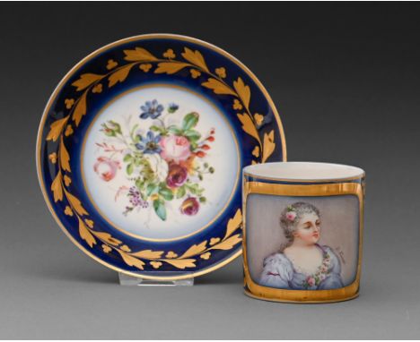 A French porcelain coffee can and a saucer, early 20th c, painted with a portrait of a young woman, signed, or flowers, sauce