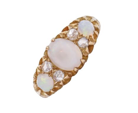 An opal and diamond ring, c1900, with rose cut diamonds in gold, unmarked, 5.1g, size P  Opals wanting polish but not chipped