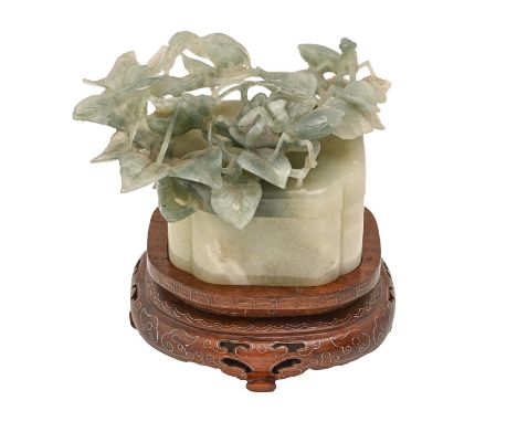 A Chinese jade treasure box, late 20th c, the lid carved in high relief and pierced with crickets and plants, wire inlaid woo