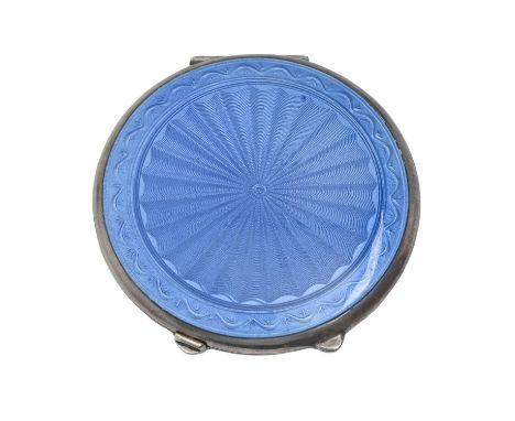 A George VI silver and blue guilloche enamel compact, 68mm diam, by Joseph Gloster Ltd, Birmingham 1945  Enamel with a few sl