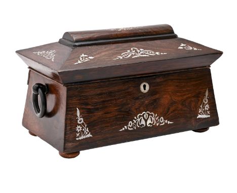 A rosewood sarcophagus shaped tea caddy, inlaid with mother of pearl, ring handles, 34cm w  Lacks interior, old repair to hin