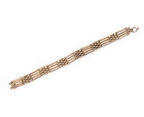 A gold gate bracelet, 18cm l, marked 9c, 10g  Slightly dented and worn