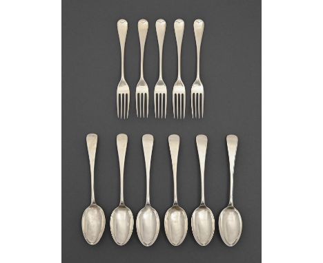A set of six Edwardian silver dessert spoons and five forks, Old English pattern, by John Round &amp; Son Ltd, Sheffield 1904
