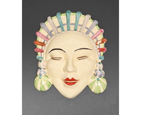 Clarice Cliff. An A J Wilkinson 'Marlene' wall mask, 1930s, 18cm h, printed Bizarre mark  Localised flaking of enamels, no re