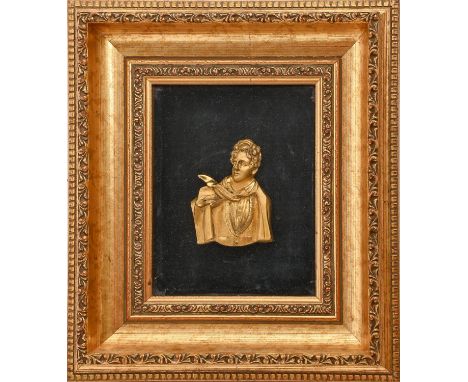 A Victorian gilt lacquered brass portrait relief of Lord Byron, approximately 10cm h, framed  Good condition, in later frame