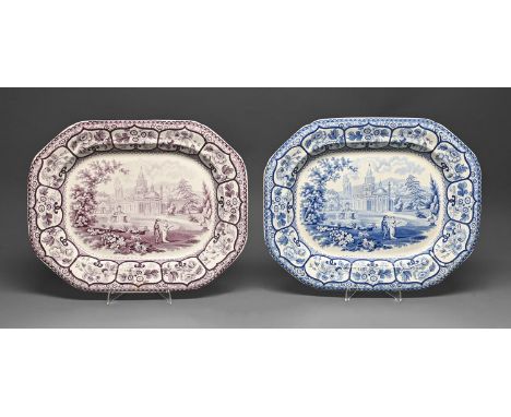 A Don Pottery blue printed earthenware Italian Fountain pattern meat dish, c1820-1833, 44cm l, printed mark and another, same