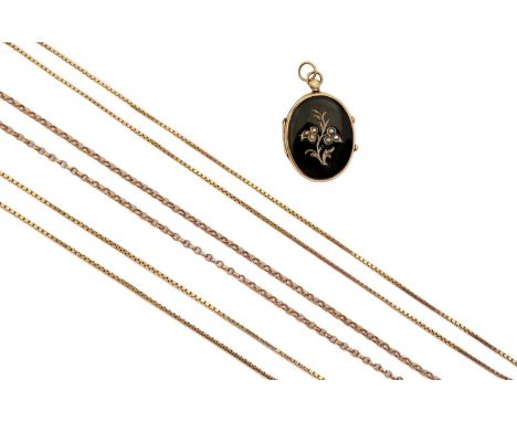 Two 9ct gold necklets and another gold necklet, marked 9ct, various lengths, 15.6g and a Victorian gold and black enamel mour