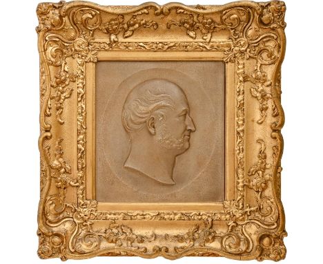 A composition bas relief portrait of the head of a man, cast from a model by Joseph Edwards, 1846, 26 x 24cm, Victorian gilt 