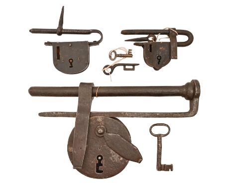 An iron gate lock and key,&nbsp;perhaps blacksmith-made, 19th c, 32cm l, key and two other similar but smaller examples, keys