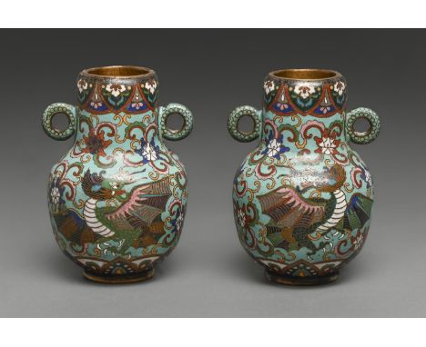 A pair of Chinese cloisonne&nbsp;enamel twin dragon vases, late 19th / early 20th c, 15cm h, commendation mark  Enamel slight