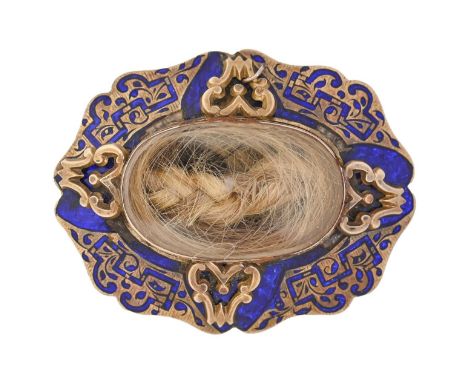 A Victorian gold and blue enamel mourning brooch, inset hair, reverse engraved with inscriptions to members of the Kent famil