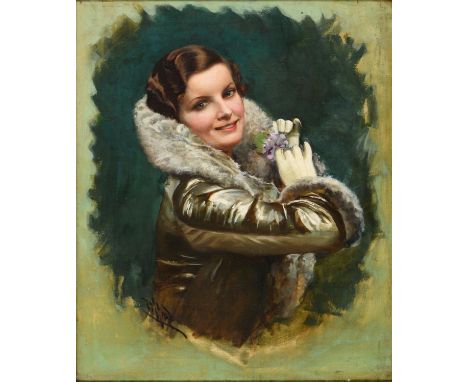 Harold Hume Piffard (1867-1938) - Portrait of a Lady of Fashion, half-length and in profile, wearing a fur-trimmed coat and w