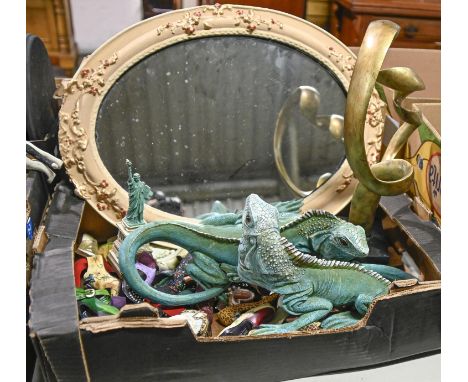 A pair of life sized resin models of iguanas and a quantity&nbsp;of model shoes, decorative mirrors, etc  