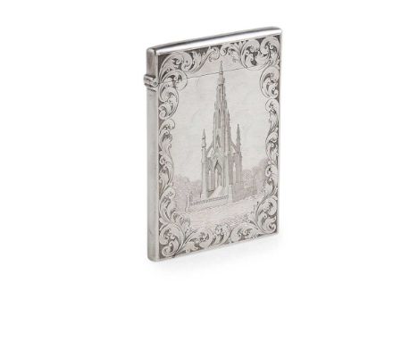 A VICTORIAN CASTLE TOP CARD CASE JAMES NASYMTH &amp; CO, EDINBURGH 1846 the rectangular case finely engraved to obverse with 