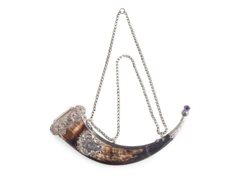 A MID-LATE VICTORIAN SILVER MOUNTED POWDER HORN  CRICHTON, EDINBURGH  the polished flattened cow horn with applied thistle an