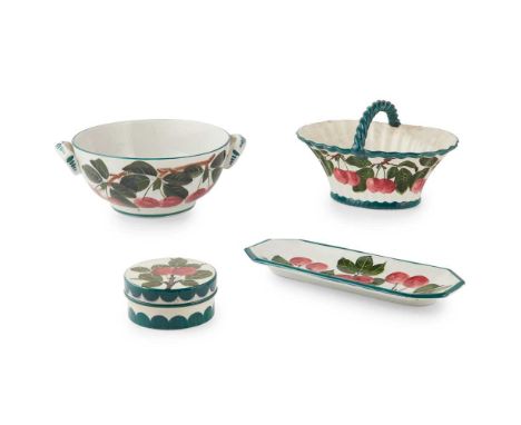 A GROUP OF WEMYSS WARES 'CHERRIES' PATTERN, EARLY 20TH CENTURY comprising a LOW POMADE, impressed WEMYSS, printed retailer's 