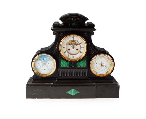 A LARGE SLATE AND MALACHITE PERPETUAL CALENDAR MANTEL CLOCK WITH BAROMETER, ALEXANDER &amp; SON, GLASGOW 19TH CENTURY  with a