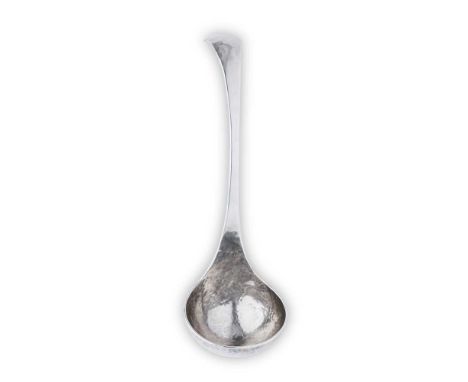 AN IMPRESSIVE HAND FORGED BRITANNIA STANDARD SOUP LADLE GRAHAM STEWART, EDINBURGH 1998 the terminal of concave rounded form, 