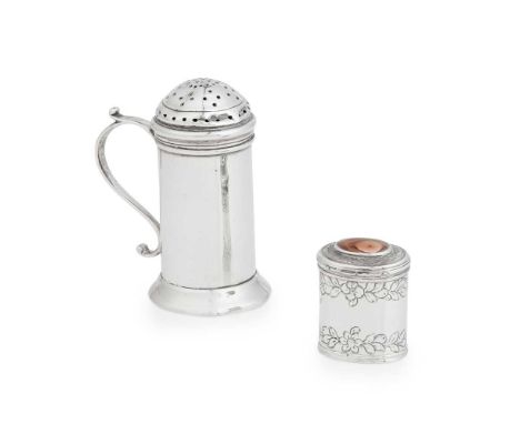 A SCOTTISH PROVINCIAL PEPPER  UNATTRIBUTED  marked RP/RS, of cylindrical form, S-scroll handle, to a spreading circular foot,