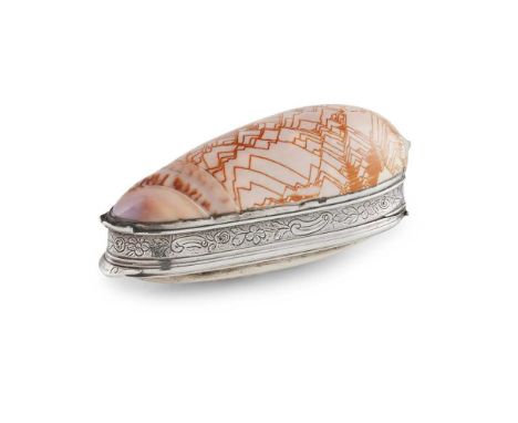 AN OLIVIA PORPHYRIA SHELL SNUFF BOX  of conical form with a zig-zag natural motif to the shell, the white metal mounts with a