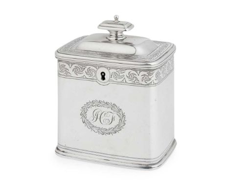 A WILLIAM IV TEA CADDY ANDREW WILKIE, EDINBURGH 1830 of rectangular canister form, engraved scroll border to body, garland ca