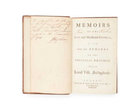 JACOBITE INTEREST MEMOIRS OF THE LIFE AND MINISTERIAL CONDUCT ... OF THE LATE LORD VISC. BOLINGBROKE London: R. Baldwin, 1752