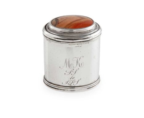 AN AGATE SET SNUFF BOX CIRCA 1750 unmarked, of cylindrical form, engraved to the body, 'MK/SS/to/JFS, the hinged lid collet s