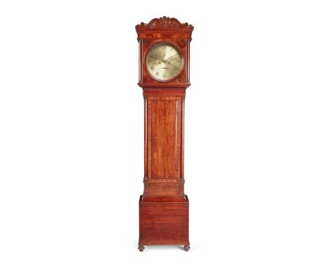 A SCOTTISH MAHOGANY LONGCASE CLOCK, GEORGE ANGUS, ABERDEEN EARLY 19TH CENTURY  the hood with a scroll carved pediment over a 