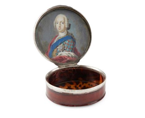 A MID 18TH CENTURY JACOBITE ENAMEL  PORTRAIT SNUFF BOX PRINCE CHARLES EDWARD STUART the circular snuff box with silver rims, 