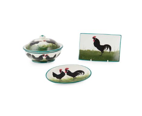 A GROUP OF WEMYSS WARES 'BLACK COCKEREL &amp; HENS' PATTERN, CIRCA 1900 comprising a SOAP DISH, TRAY &amp; COVER, impressed W