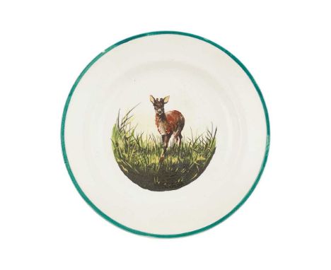 A SMALL WEMYSS WARE PLATE CIRCA 1900 decorated by Karel Nekola, depicting a hind in a grassy field, impressed WEMYSS WARE/ R.