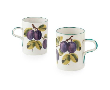A PAIR OF LARGE WEMYSS WARE MUGS 'PLUMS' PATTERN, EARLY 20TH CENTURY painted WEMYSS/ T. GOODE &amp; CO.Dimensions:each 14.5cm