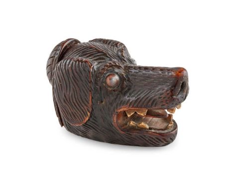 A VICTORIAN WOODEN NOVELTY SNUFF BOX  modelled as a dog's head with bone teeth and tongue on show, glass eyes, the hinged lid