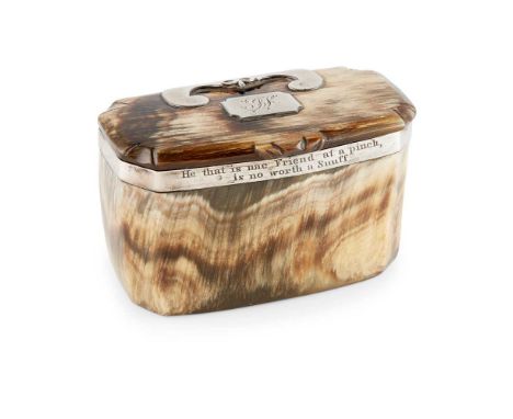 A MID 19TH CENTURY COW HORN SNUFF BOX UNMARKED  the polished cow horn of rectangular outline with canted edges, applied colla