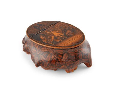 A VICTORIAN ROOTWOOD AND PENWORK SNUFF BOX   of natural form, with painted thistle detail to sides and vein detail to top, th
