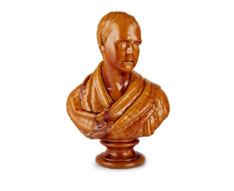 A LARGE DUNMORE POTTERY BUST OF SIR WALTER SCOTT LATE 19TH CENTURY in treacle coloured glaze, modelled facing sinister, on a 
