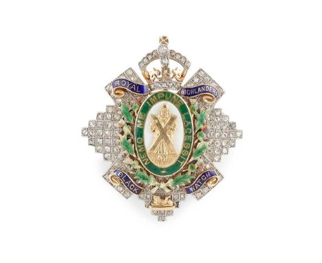 AN EDWARDIAN BLACK WATCH DIAMOND SET SWEETHEART BROOCH unmarked, the regimental badge set with diamonds and applied enamel em