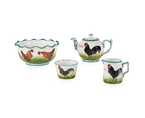 A WEMYSS WARE 'BONJOUR' PART TEA SERVICE 'BLACK COCKEREL' PATTERN, EARLY 20TH CENTURY comprising a TEAPOT &amp; COVER, impres