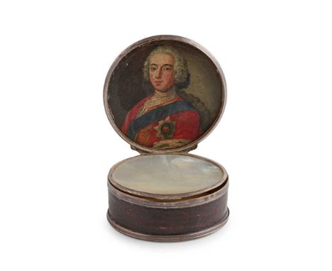 A MID 18TH CENTURY RARE CONTINENTAL JACOBITE ENAMEL HIDDEN PORTRAIT SNUFF BOX the circular snuff box with reeded rims, tartan