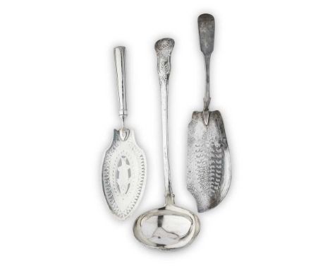 A GEORGE III SOUP LADLE ANDREW WILKIE, EDINBURGH 1824 of single struck King's pattern, crest engraved to terminal; together w