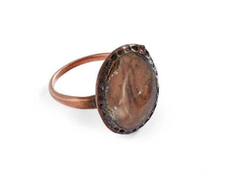 JACOBITE INTEREST - A MID/LATE 18TH CENTURY MEMORIAL RING the glazed oval panel with hair formed as intertwined initials CP, 