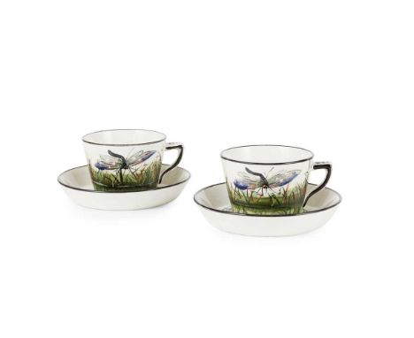 A PAIR OF WEMYSS WARE CUPS &amp; SAUCERS 'DRAGONFLIES' PATTERN, CIRCA 1900 decorated by James Sharp, impressed and painted WE