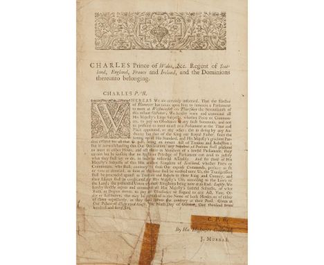 JACOBITE RISING OF 1745 RARE BROADSIDE PROCLAMATION, HOLYROOD HOUSE, 9 OCTOBER 1745 Single half-sheet, woodcut headpiece and 