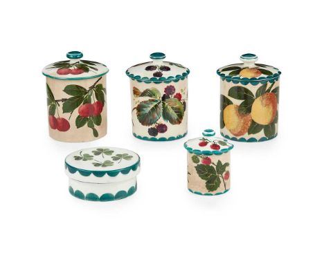 A GROUP OF WEMYSS WARES EARLY 20TH CENTURY comprising THREE LARGE PRESERVE JARS &amp; COVERS in 'Cherries', 'Oranges' and 'Br