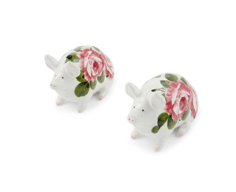 TWO SMALL WEMYSS WARE PIGS  'CABBAGE ROSES' PATTERN, POST 1930 each painted WEMYSS WARE/ MADE IN ENGLAND, one stamped MADE IN