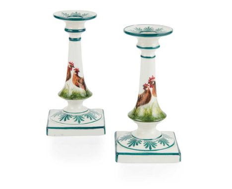 A PAIR OF WEMYSS WARE LOW CANDLESTICKS 'BROWN COCKEREL &amp; HEN' PATTERN, EARLY 20TH CENTURY  each impressed WEMYSSDimension
