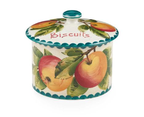 A WEMYSS WARE BISCUIT BARREL &amp; COVER 'APPLES' PATTERN, EARLY 20TH CENTURY bearing inscription BISCUITS, painted and impre