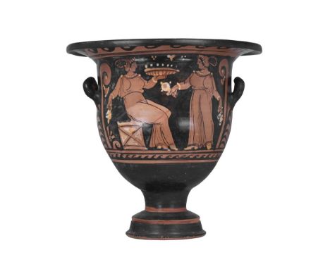 Apulian, Ca. 400-300 BC This beautiful red-figure bell terracotta krater with everted rim features a pedestal foot, a cylindr